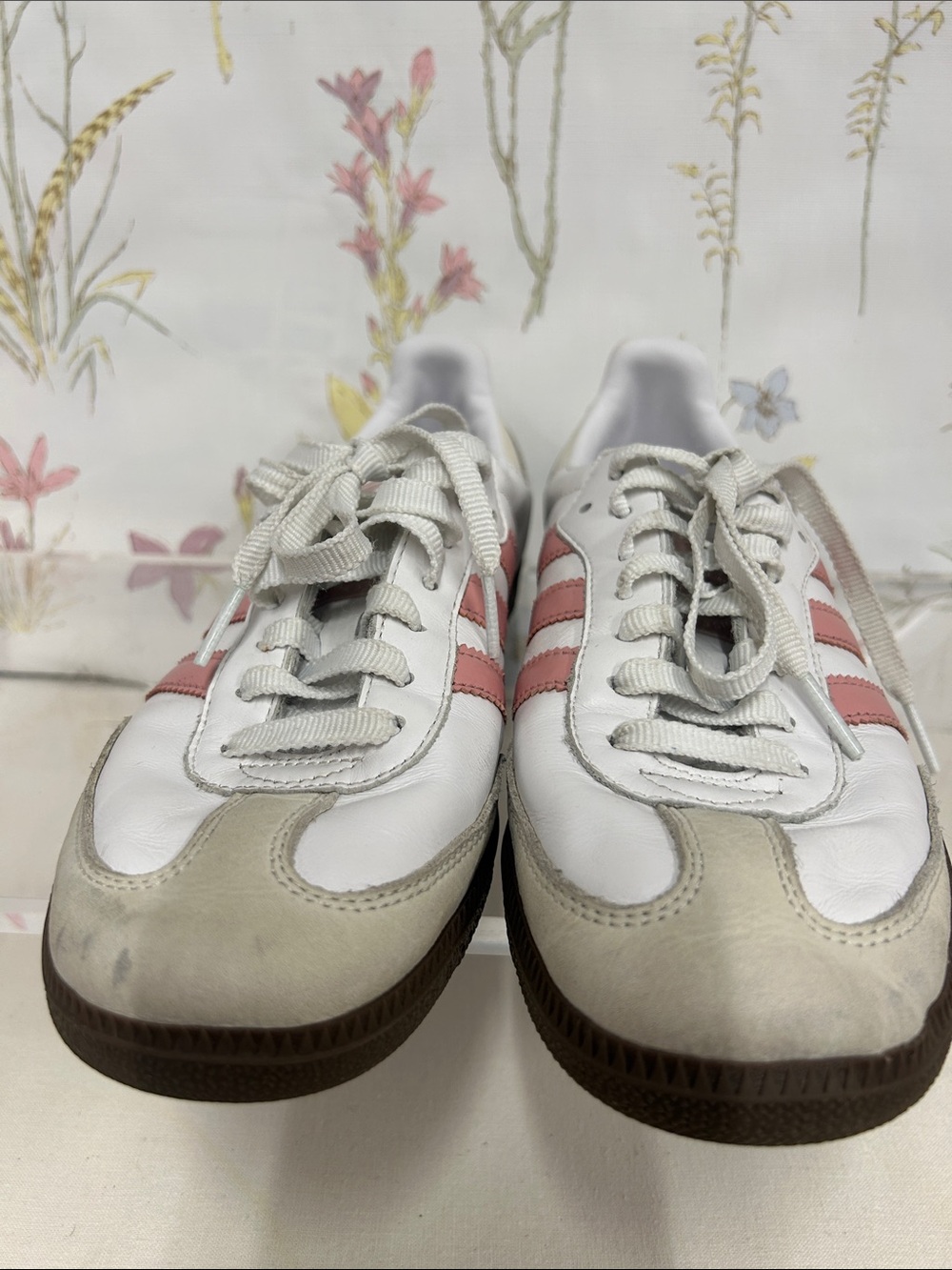 adidas Samba Sneakers - White with Pink Stripes and Brown Sole - Picture 9 of 14